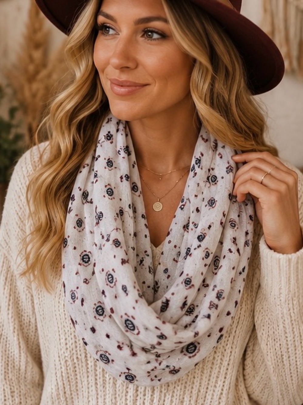 Light Cream Burgundy Navy Print Floral Infinity Scarf Boho Lightweight